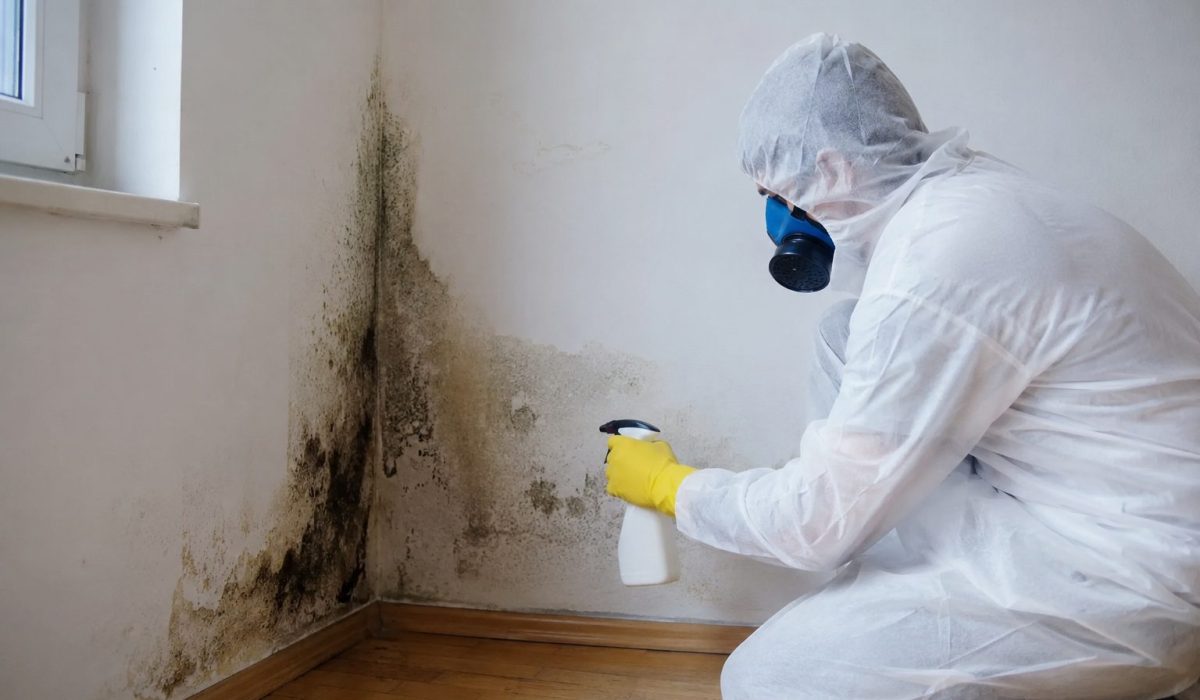 Professionnel en combinaison traitant des moisissures sur un mur humide après un dégât des eaux
