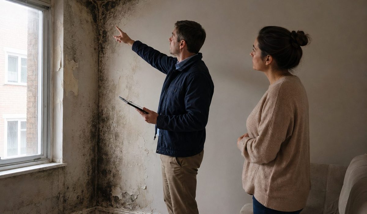 Expert d’assurance inspectant des moisissures sur un mur humide dans un logement