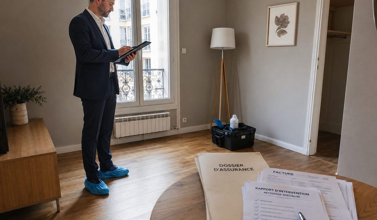Expert d’assurance inspectant un logement après un nettoyage après décès avec dossier, facture et rapport d’intervention