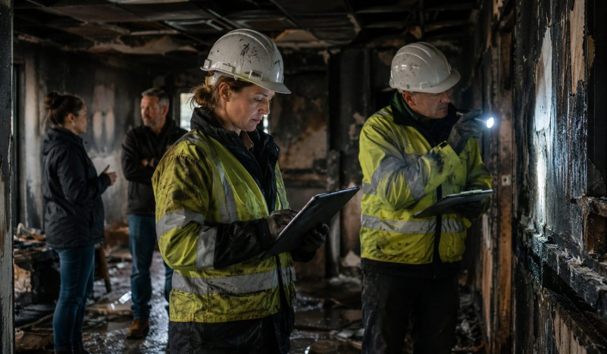 Experts en assurance inspectant une habitation endommagée par un incendie pour évaluer les dégâts, la fumée et les travaux à prévoir