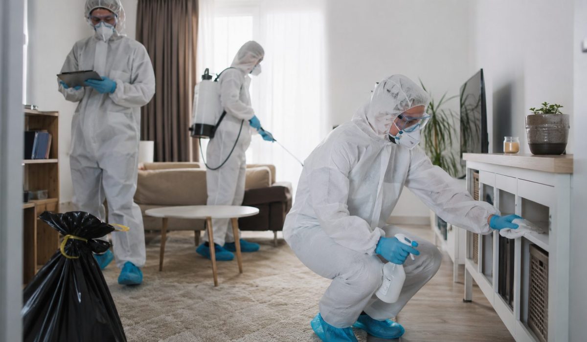 Experts en combinaison de protection réalisant un nettoyage après décès et une désinfection professionnelle dans un logement