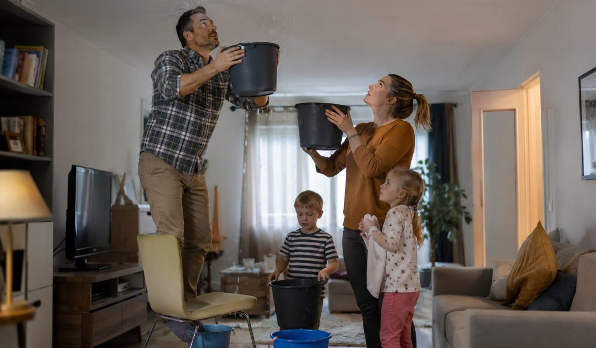 Famille protégeant son logement après un dégât des eaux avec des seaux sous une fuite au plafond