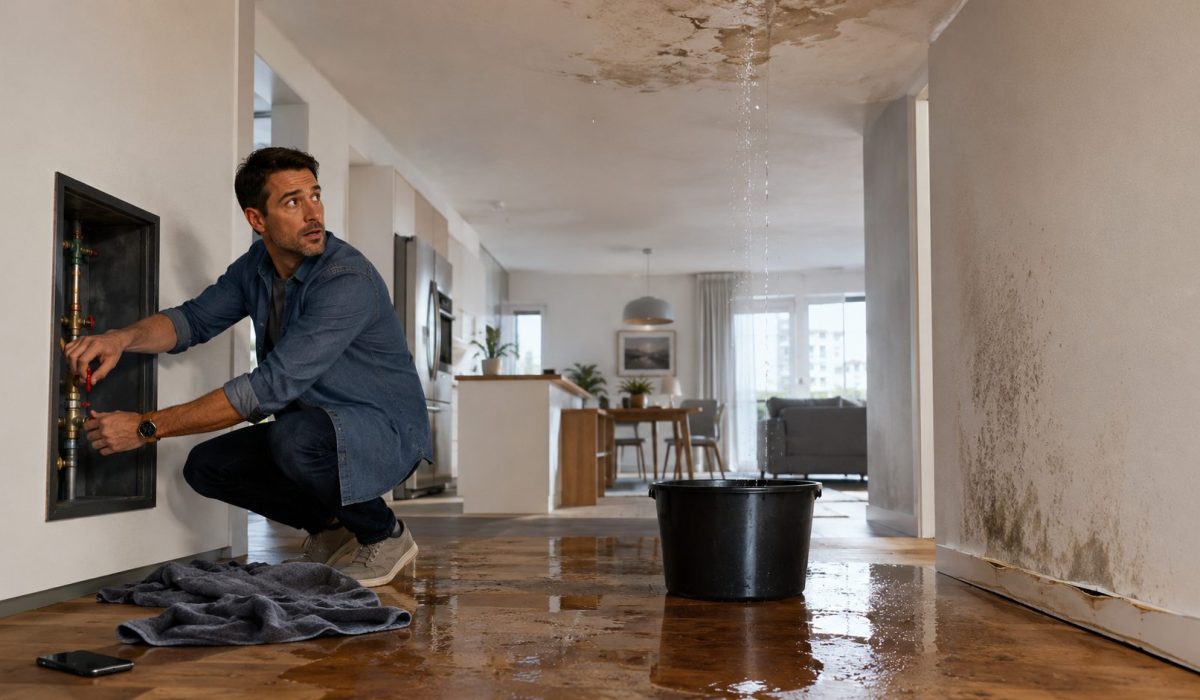 Homme coupant l’arrivée d’eau dans un logement touché par un dégât des eaux avec fuite au plafond, sol inondé et traces d’humidité sur le mur.