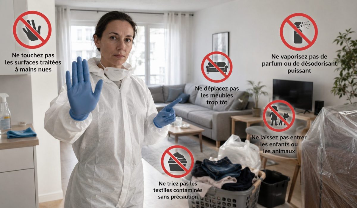 Professionnelle en tenue de protection indiquant les gestes à éviter après un nettoyage après décès dans un logement désinfecté