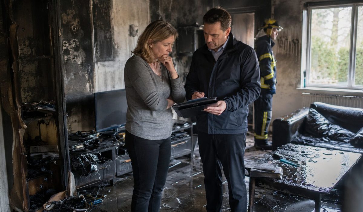 Personne sinistrée accompagnée d’un expert dans un logement endommagé après un incendie