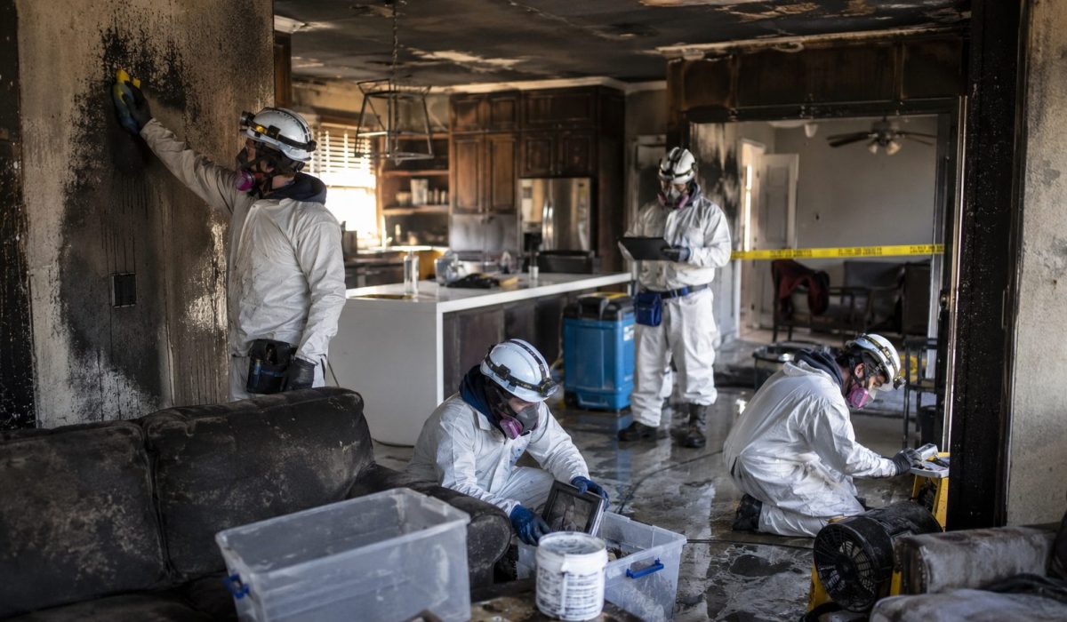 Équipe spécialisée intervenant après un incendie pour nettoyer la suie, sécuriser les lieux et décontaminer une habitation endommagée