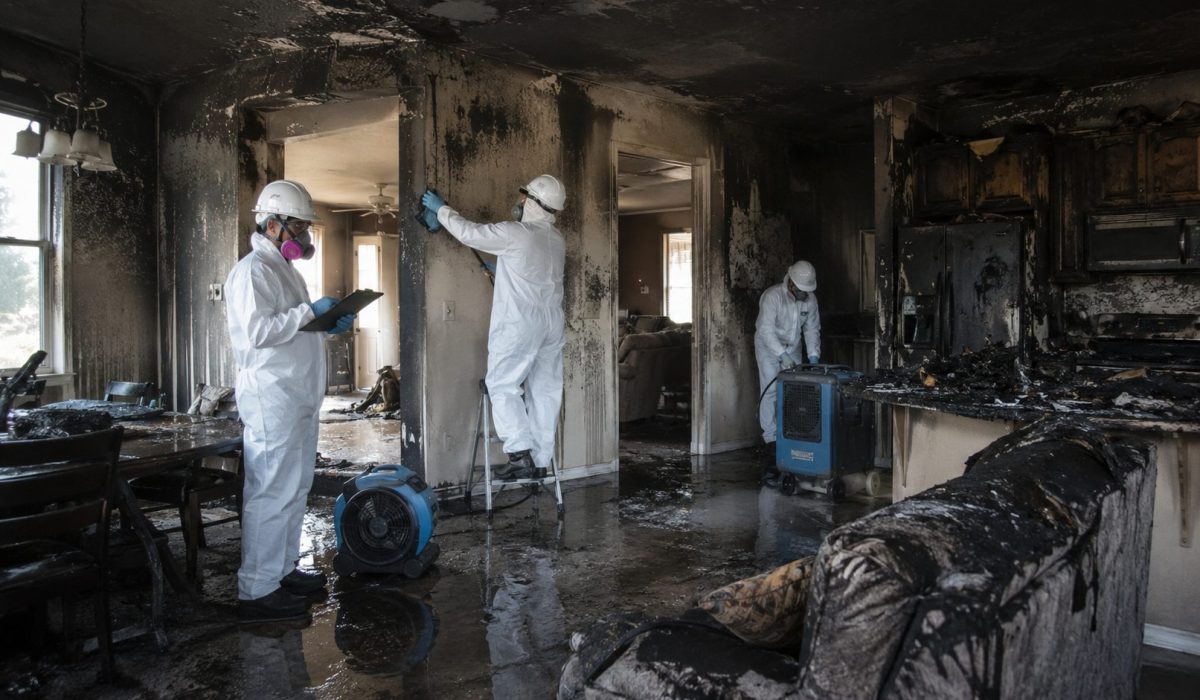 Équipe spécialisée en nettoyage après incendie intervenant dans une maison endommagée par la suie, l’eau et les fumées