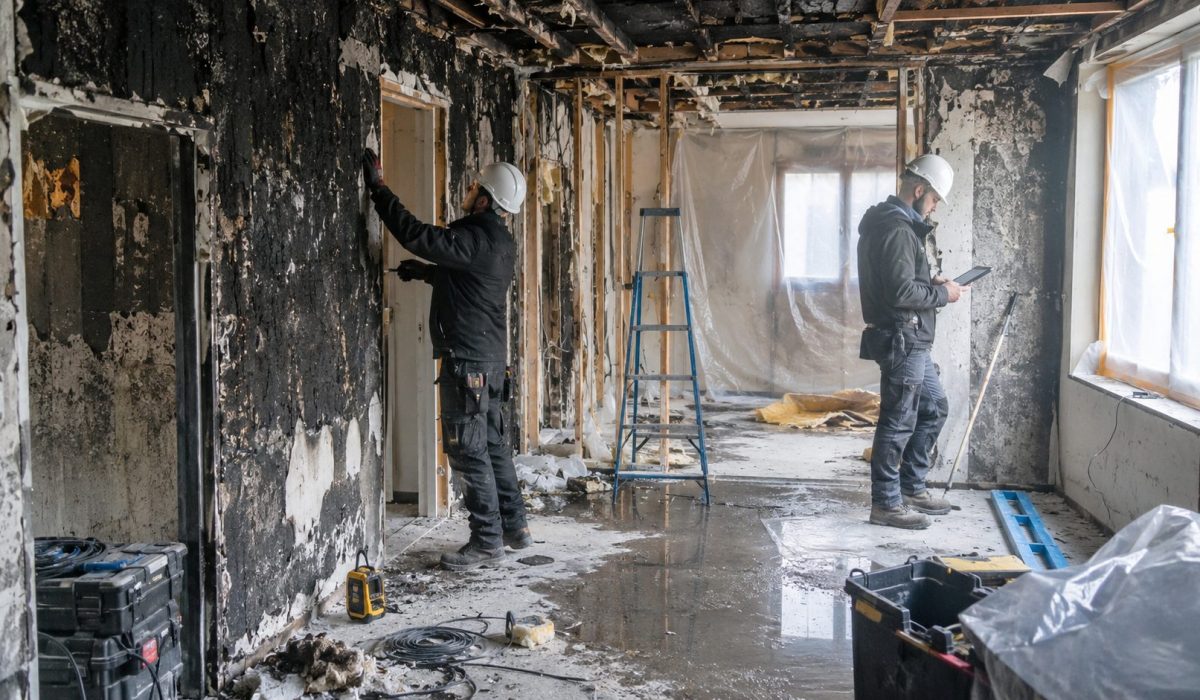 Professionnels du bâtiment inspectant une pièce endommagée par un incendie avant les travaux de rénovation