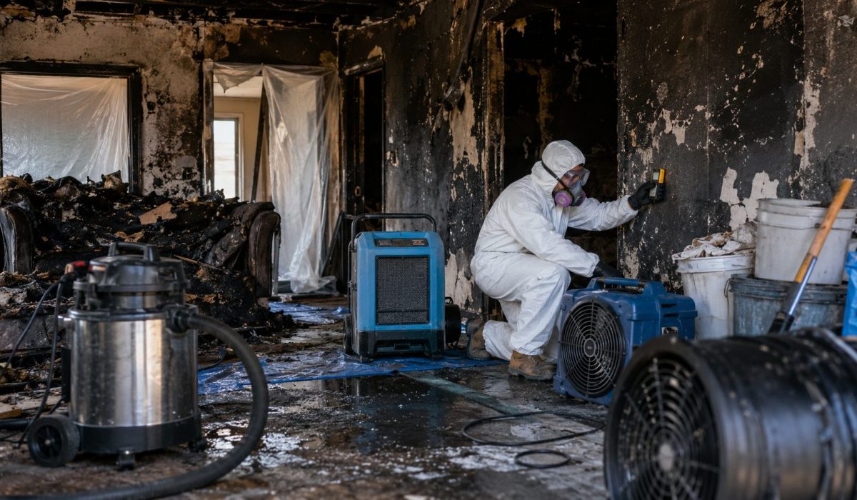 Technicien équipé d’une combinaison de protection utilisant du matériel professionnel dans une pièce endommagée après un incendie