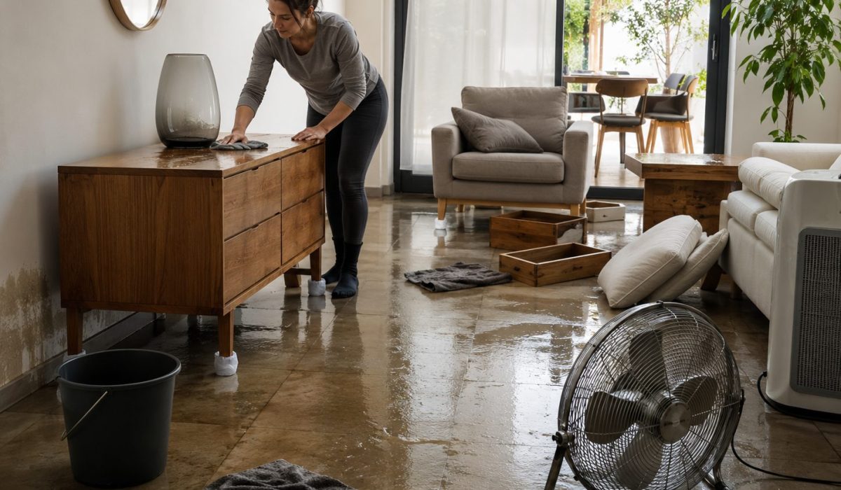 Personne en train de sécher et nettoyer des meubles en bois après un dégât des eaux dans un salon inondé