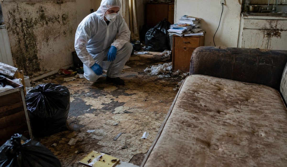 Agent de nettoyage en combinaison de protection inspectant un logement insalubre après un syndrome de Diogène avec moisissures, déchets, nuisibles et risques sanitaires visibles.