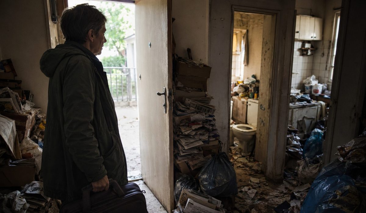 Personne quittant temporairement un logement très encombré et insalubre après un syndrome de Diogène, avec des déchets, des cartons et des accès difficiles.