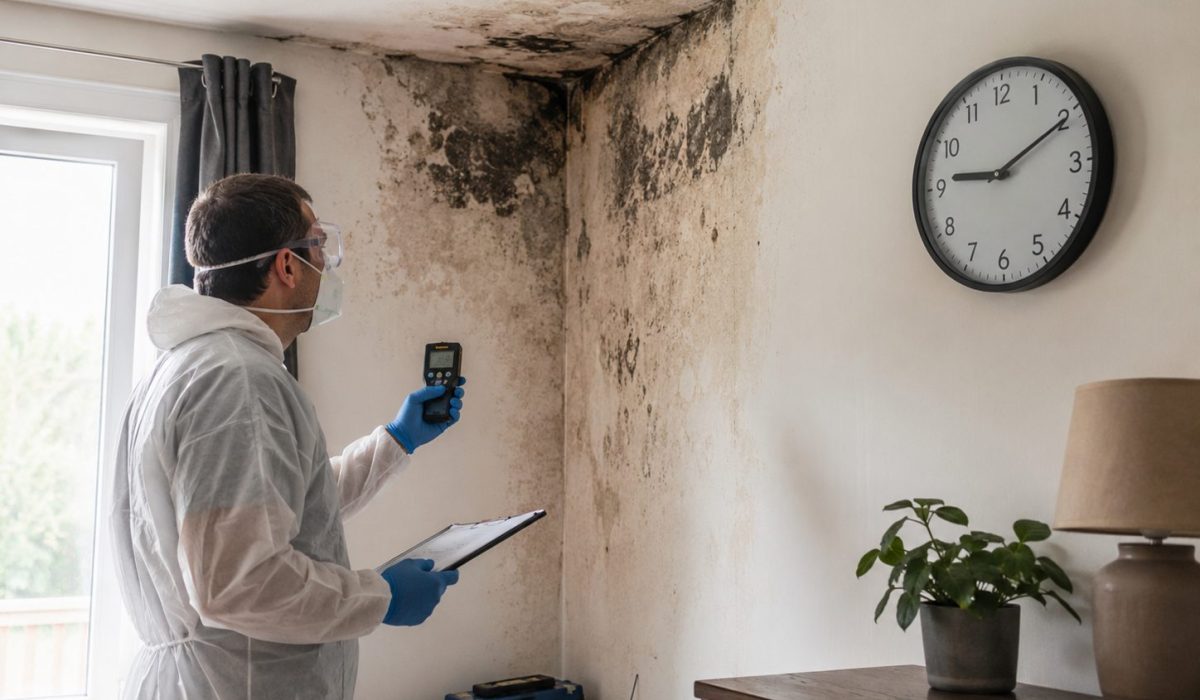 Technicien en combinaison de protection inspectant des moisissures sur un mur intérieur avec un appareil de mesure d’humidité