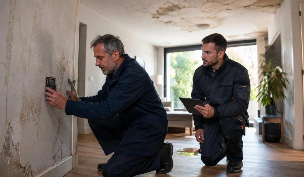 Experts inspectant un mur humide après un dégât des eaux dans un logement