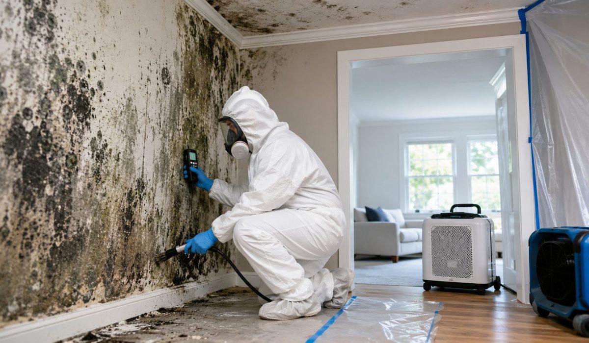 Professionnel en combinaison de protection traitant un mur couvert de moisissures dans un logement humide