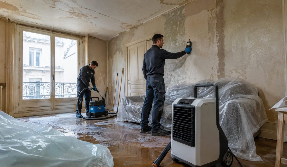 Techniciens réalisant une intervention après un dégât des eaux avec aspiration de l’eau, contrôle d’humidité et déshumidificateur professionnel dans un logement endommagé.