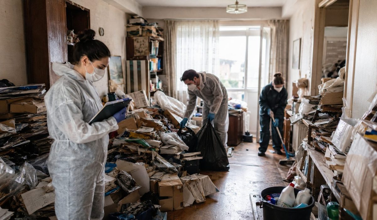 Équipe de nettoyage spécialisée intervenant dans un logement encombré après un syndrome de Diogène