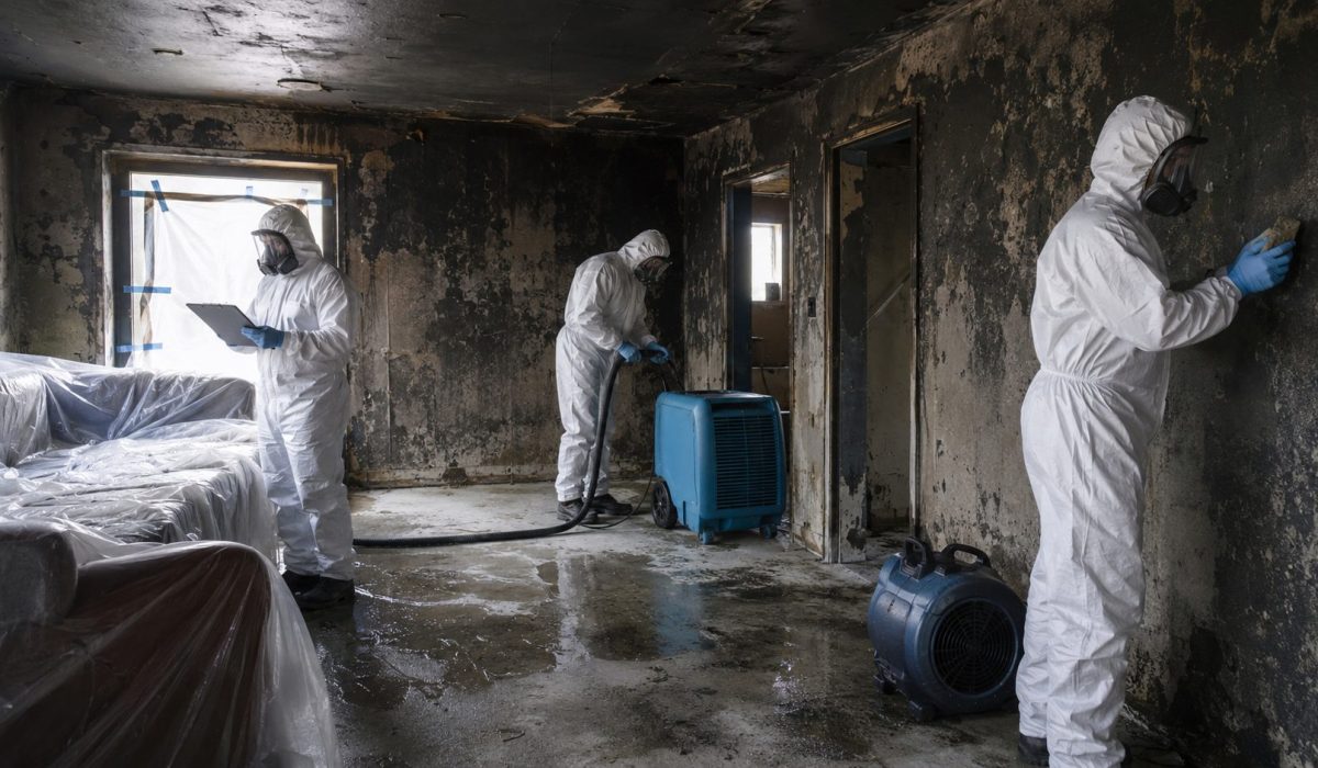 Équipe spécialisée en intervention après incendie nettoyant les suies, asséchant les sols et décontaminant une pièce endommagée par le feu