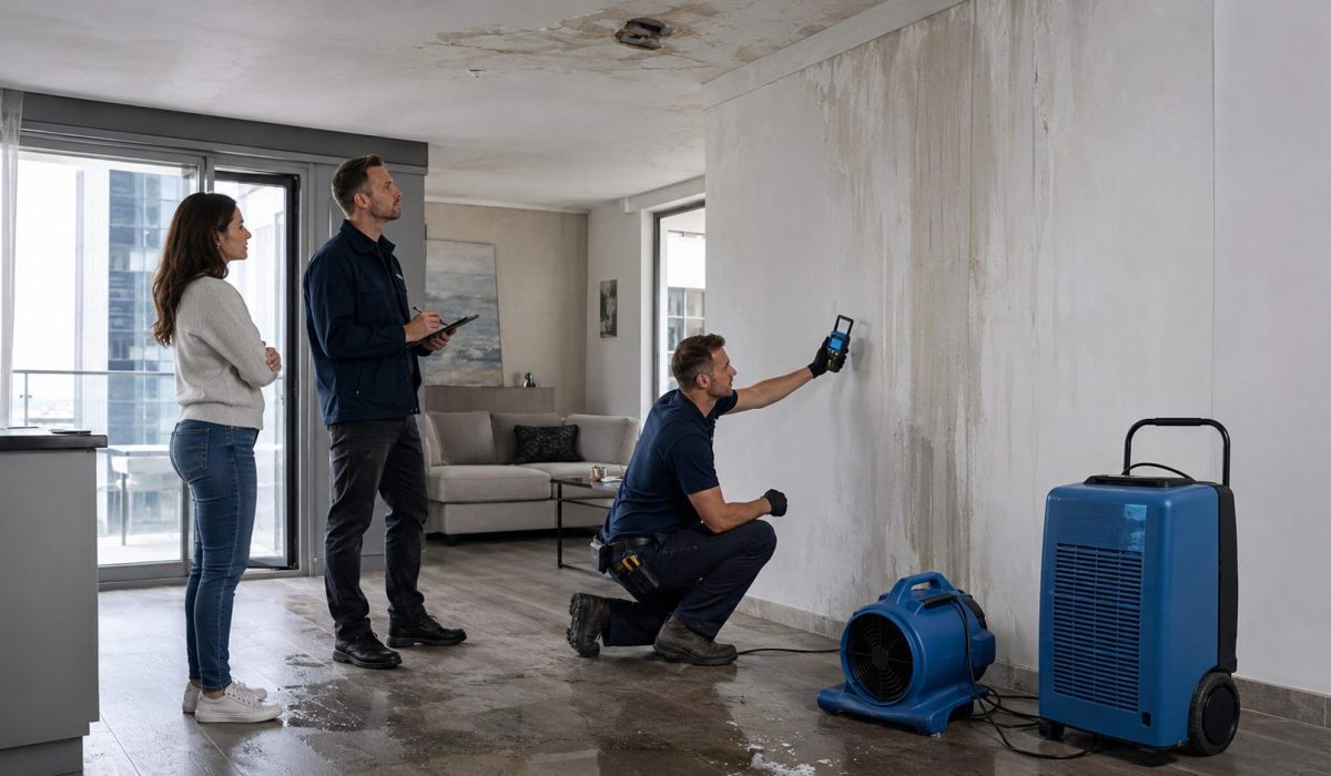 Technicien spécialisé mesurant l’humidité d’un mur après un dégât des eaux dans un appartement avec matériel de séchage professionnel