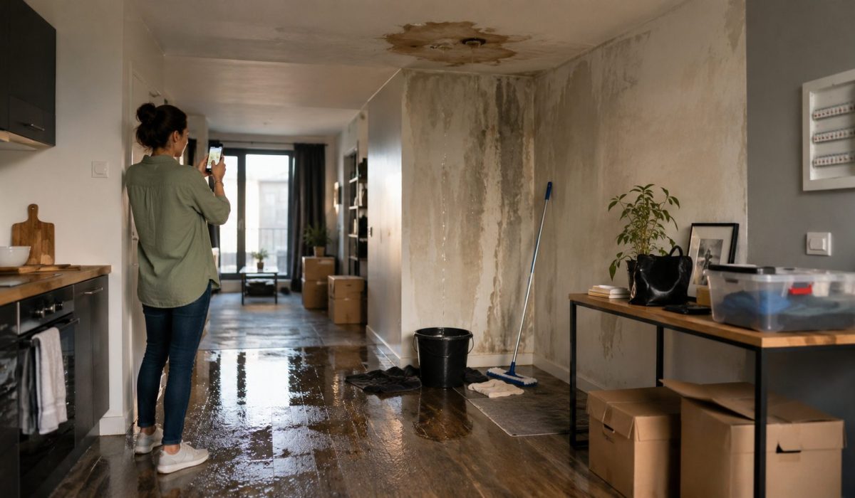 Logement touché par un dégât des eaux avec sol humide, mur abîmé, seau, serpillière et personne prenant des photos avant l’intervention d’un professionnel