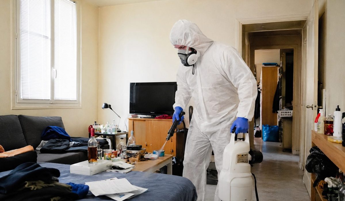 Technicien en combinaison de protection désinfectant un logement encombré après un décès