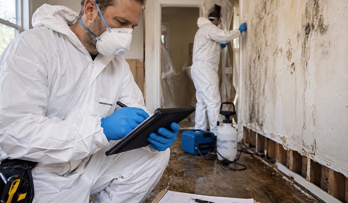 Technicien en combinaison de protection évaluant un logement endommagé afin d’établir un devis de désinfection après sinistre