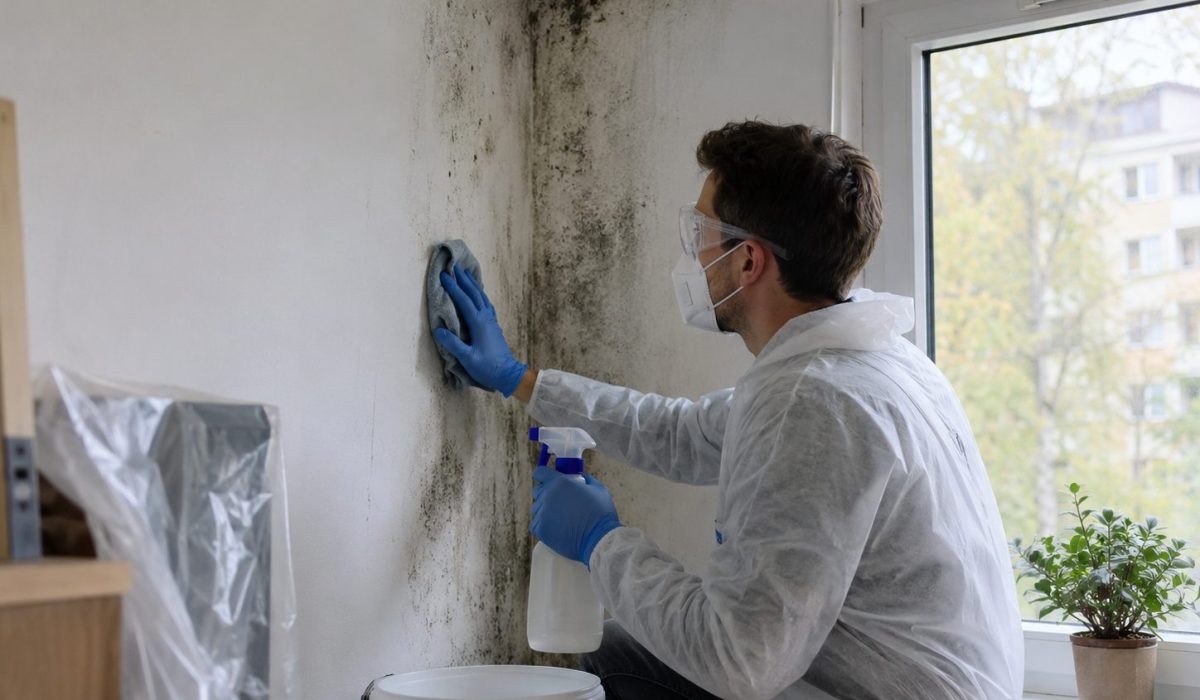 Personne équipée de gants, masque et lunettes nettoyant un mur touché par des moisissures dans un logement