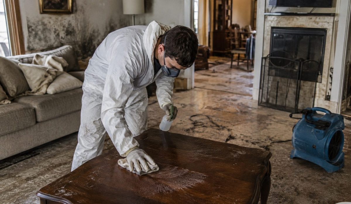 Technicien en combinaison nettoyant une table en bois dans un salon endommagé après une désinfection après sinistre