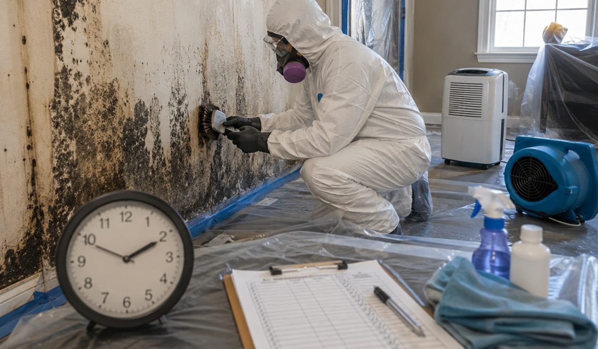 Professionnel en combinaison de protection nettoyant un mur couvert de moisissures avec un déshumidificateur et du matériel d’assainissement