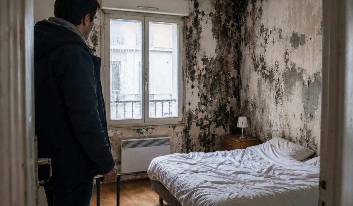 Locataire avec une valise face à une chambre fortement touchée par les moisissures et l’humidité