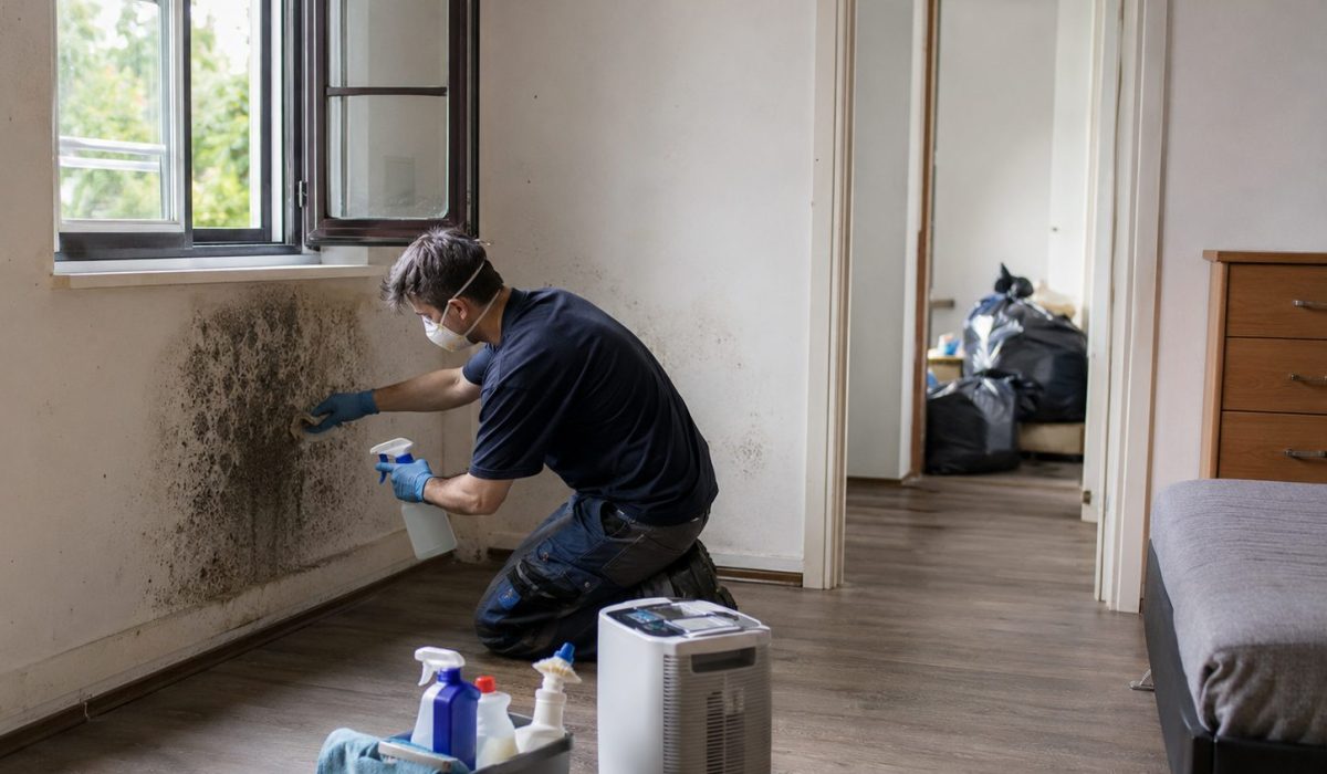 Professionnel nettoyant des moisissures sur un mur après le débarras d’un logement touché par le syndrome de Diogène