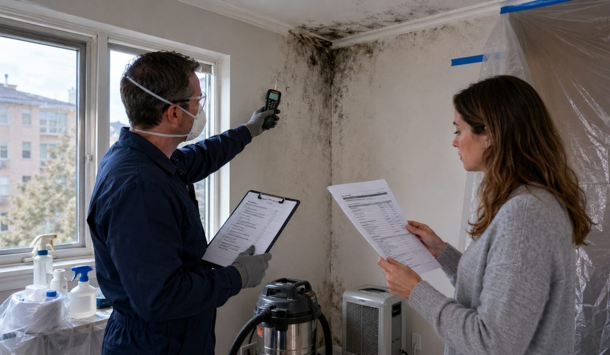 Technicien professionnel inspectant un mur touché par des moisissures avec un appareil de mesure d’humidité pendant qu’une cliente consulte un devis de nettoyage