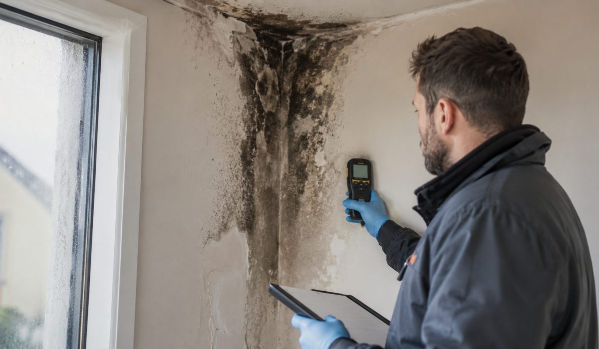 Expert inspectant un mur touché par des moisissures et de l’humidité dans un logement