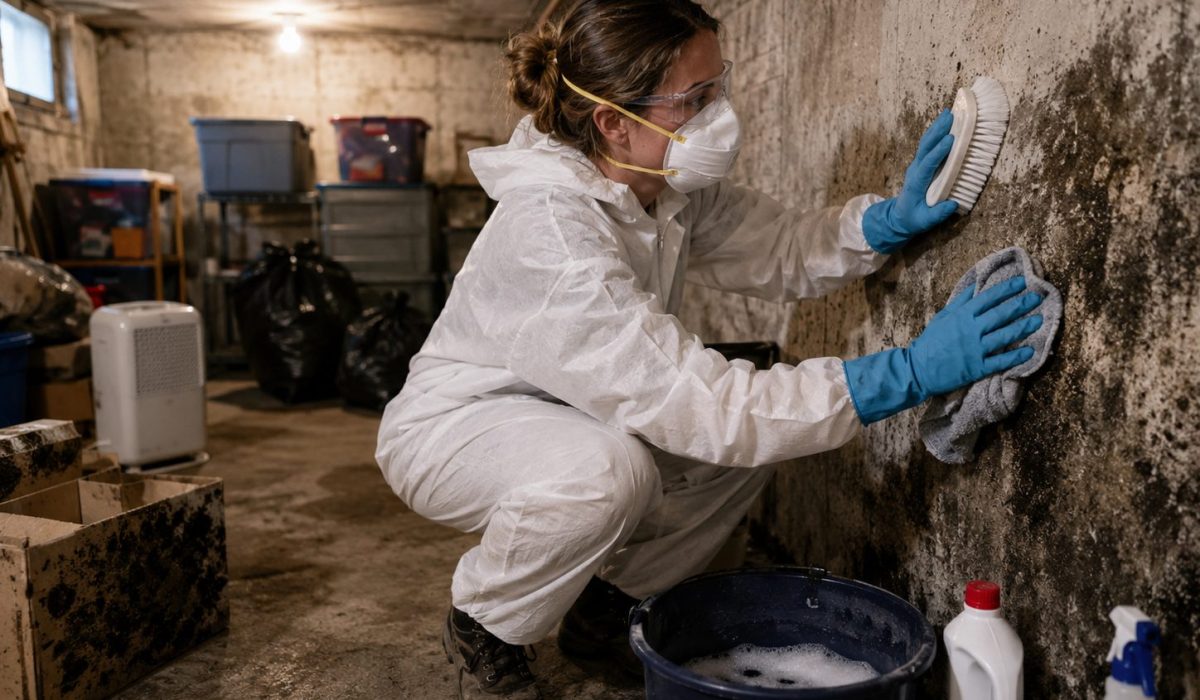 Nettoyage d’une cave humide avec moisissures par une personne équipée d’un masque, de gants et de lunettes de protection