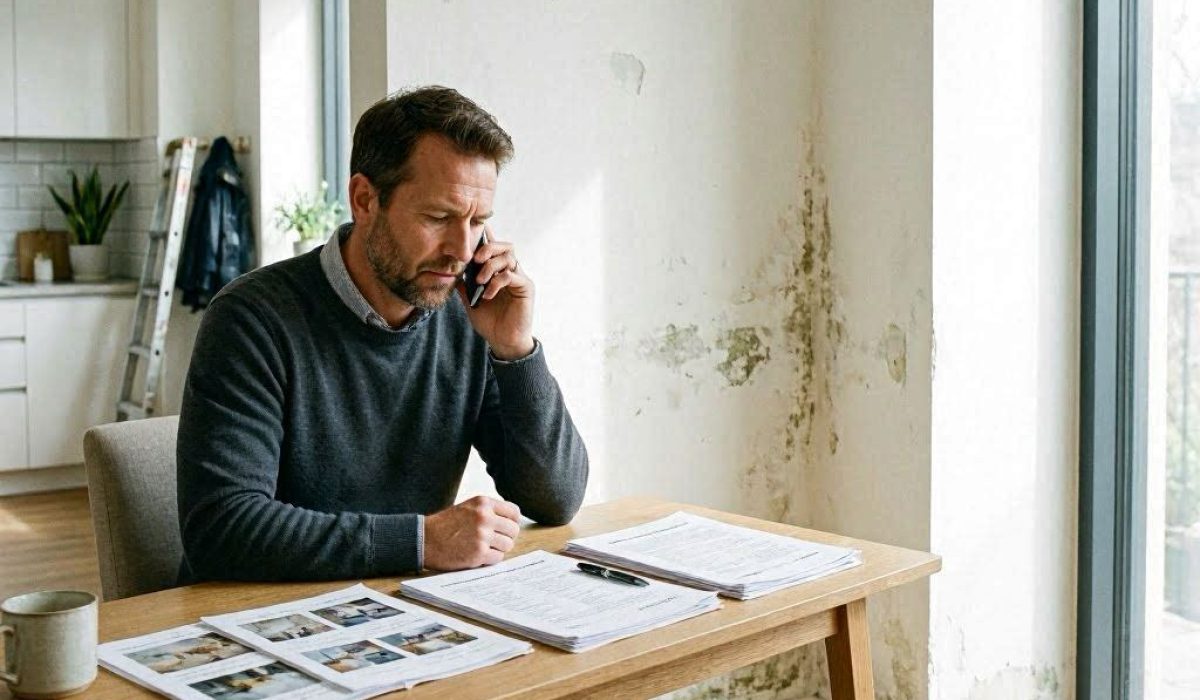 Propriétaire contactant son assurance après l’apparition de moisissures sur un mur de logement