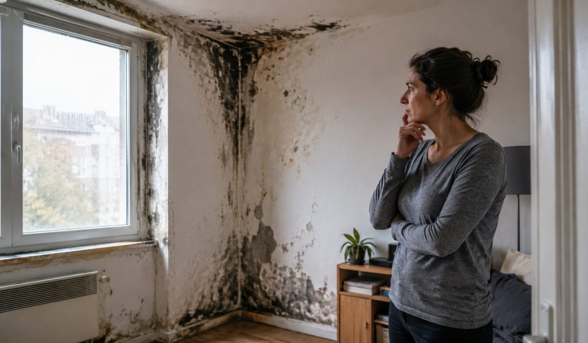 Femme inquiète observant des moisissures importantes sur les murs et le plafond d’un logement humide.