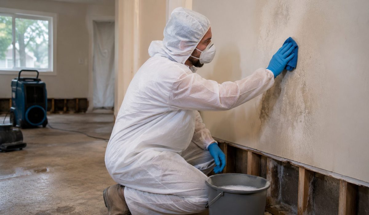 Technicien en combinaison de protection nettoyant un mur taché après une désinfection suite à un sinistre dans une habitation