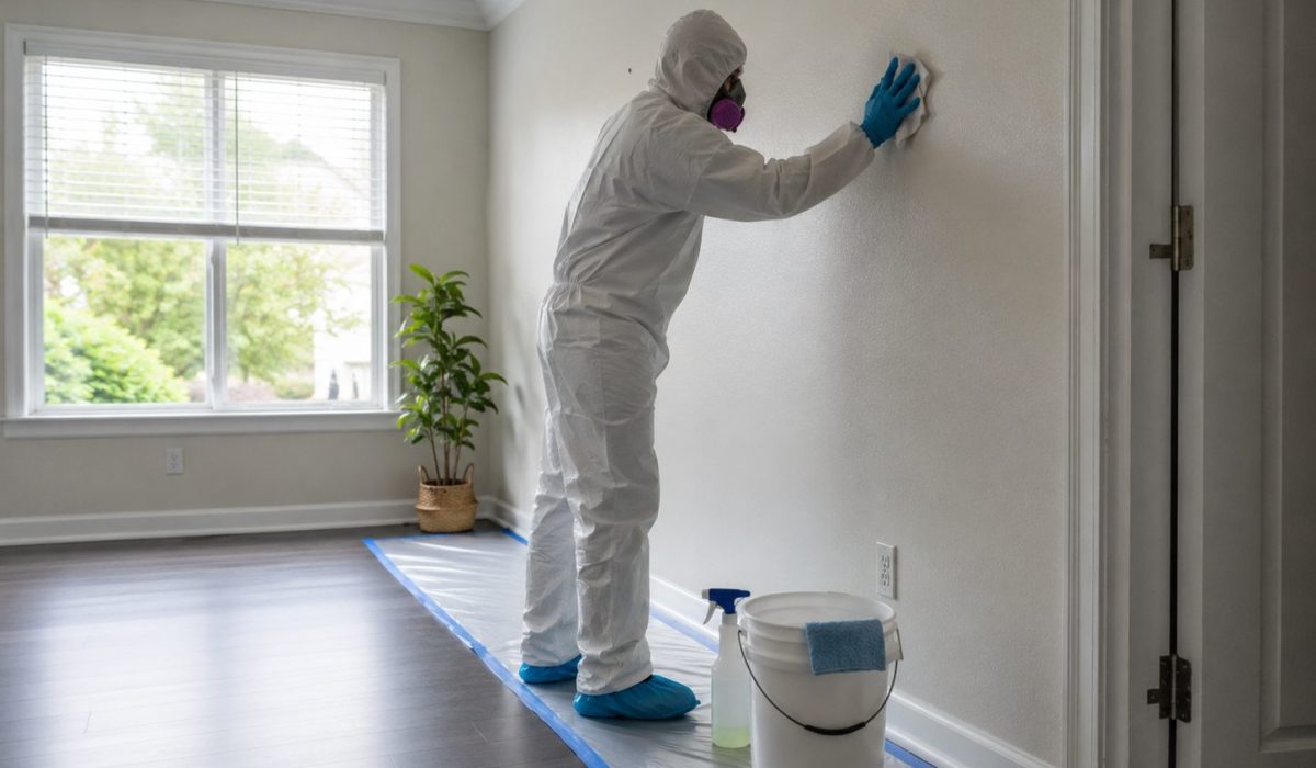 Professionnel en combinaison de protection nettoyant un mur après un décès dans une pièce désinfectée
