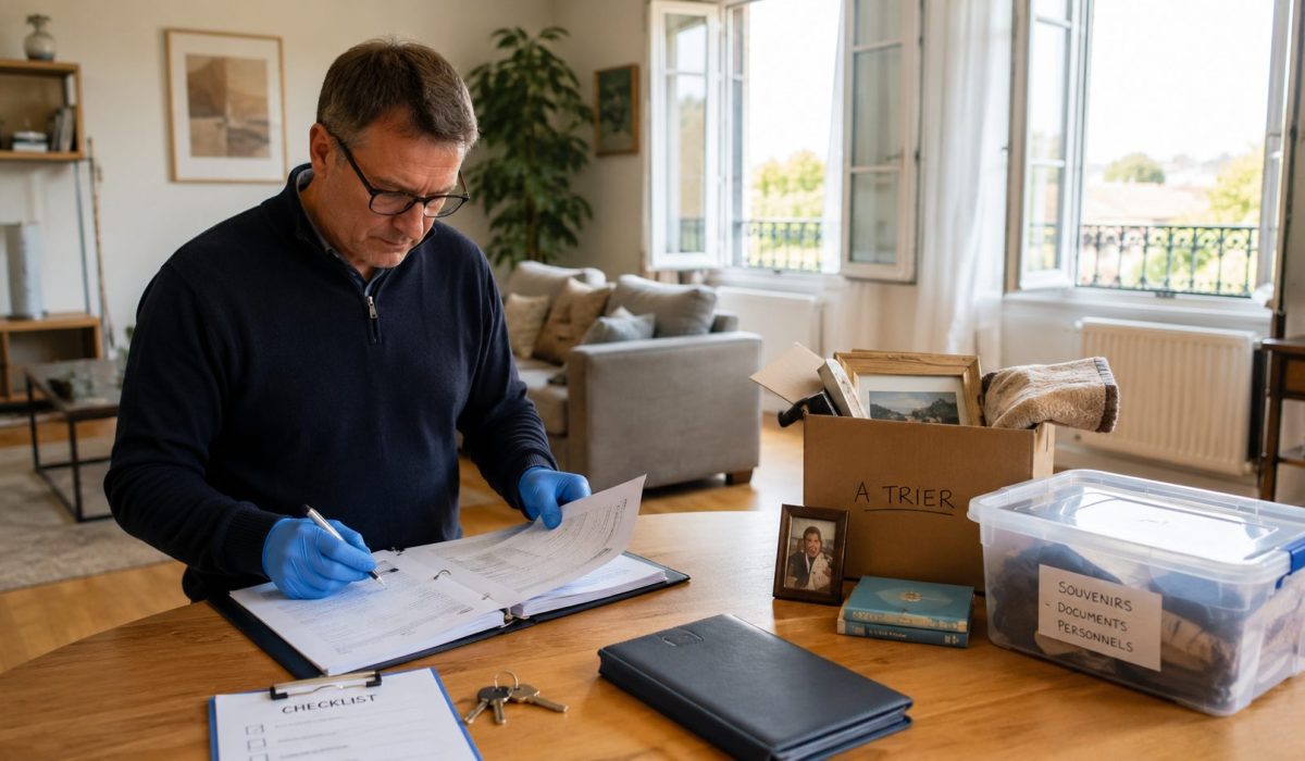 Homme triant des documents dans un logement propre et aéré après un nettoyage après décès