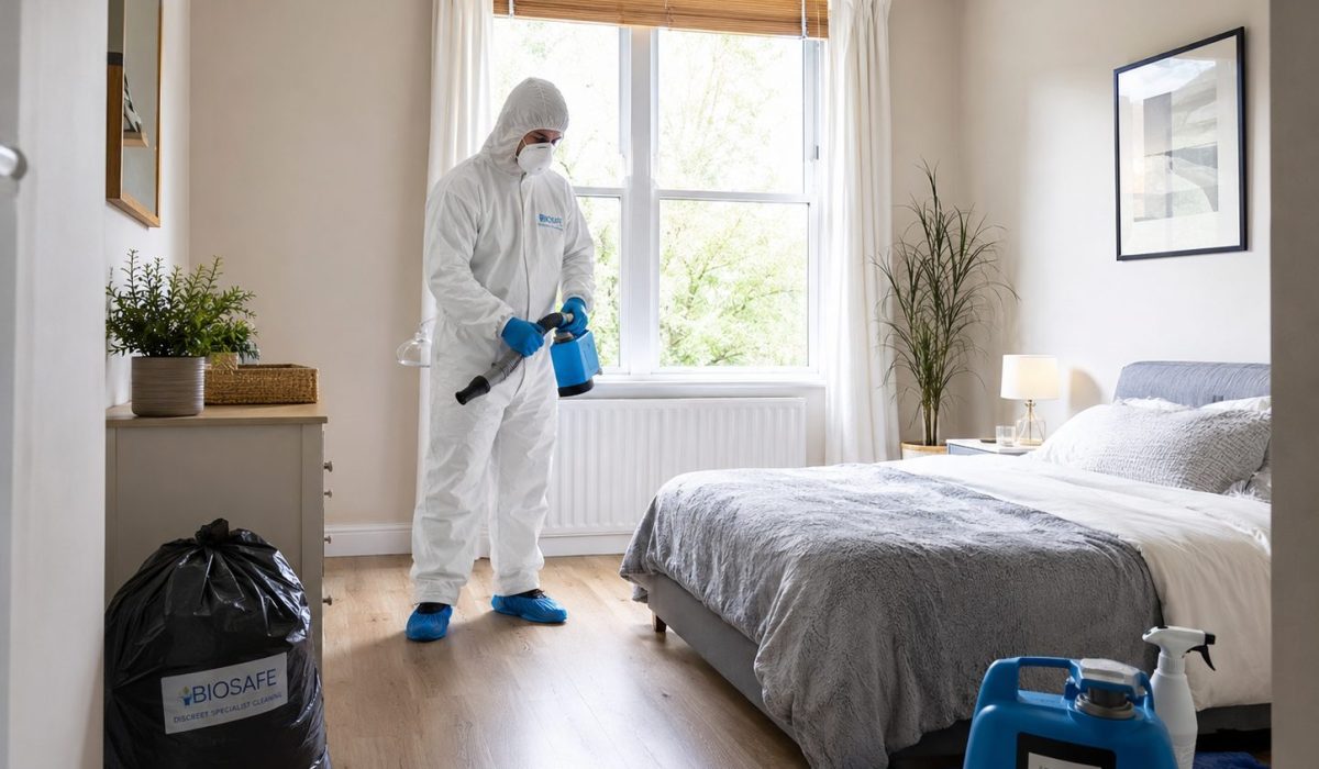 Technicien en combinaison de protection réalisant une désinfection professionnelle dans une chambre après un décès
