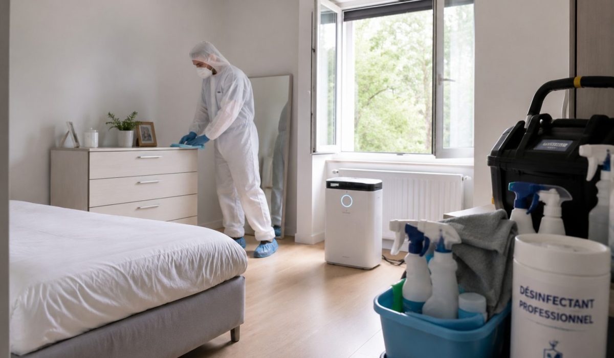 Professionnel en combinaison désinfectant une chambre après un décès pour éviter les odeurs persistantes