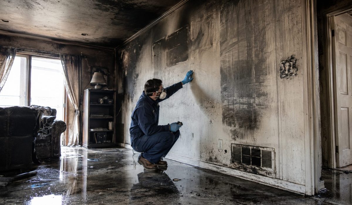 Professionnel inspectant un logement endommagé par la suie, la fumée et l’humidité après un incendie