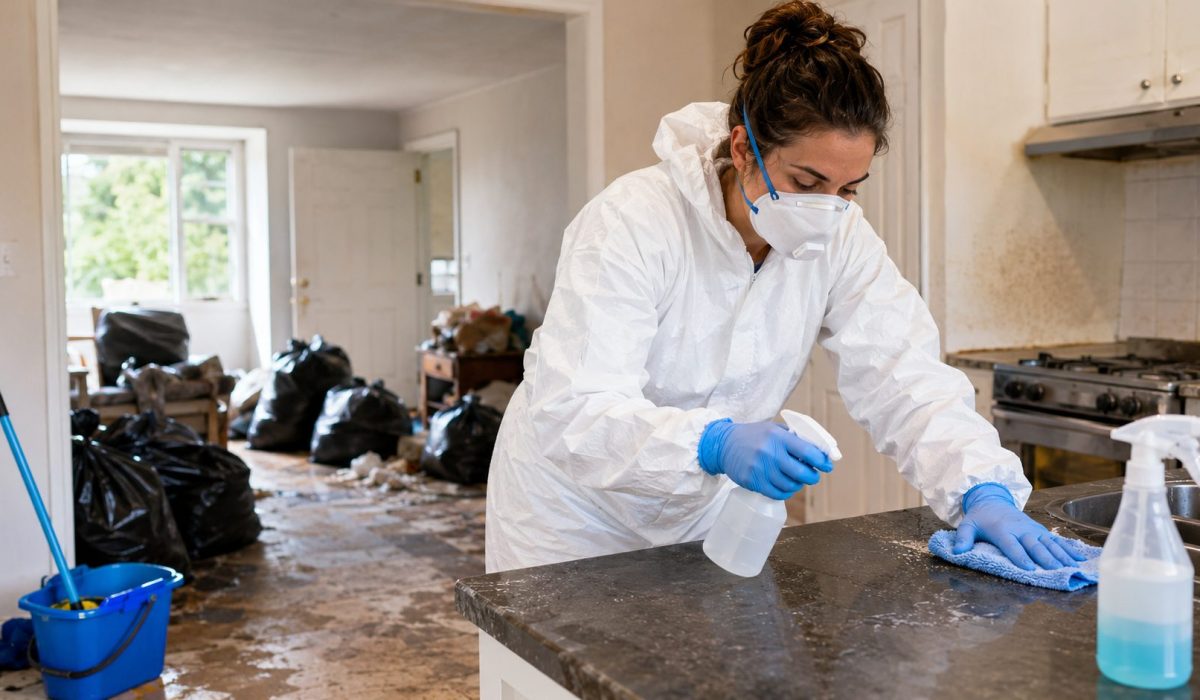 Agent de nettoyage en combinaison désinfectant une cuisine après un syndrome de Diogène