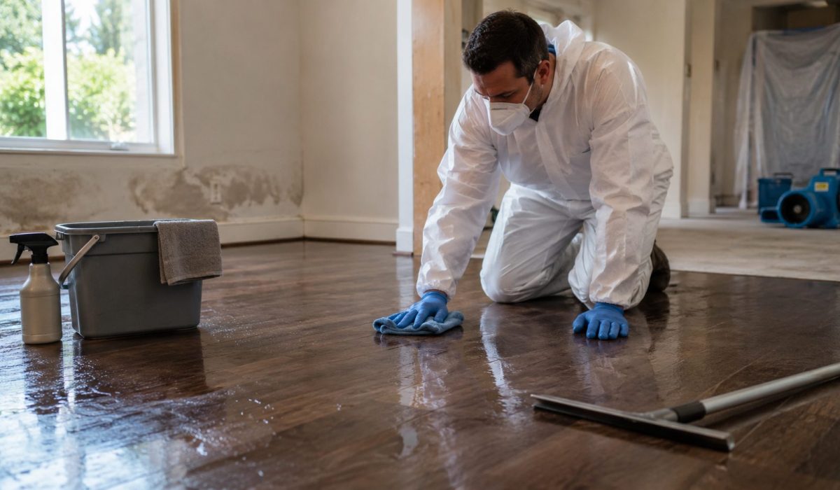 Professionnel en équipement de protection nettoyant un sol humide après une désinfection réalisée à la suite d’un sinistre