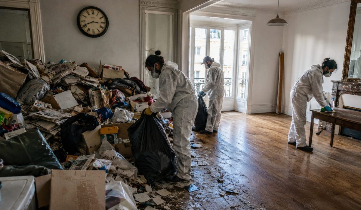 Équipe de professionnels nettoyant un appartement encombré après un syndrome de Diogène
