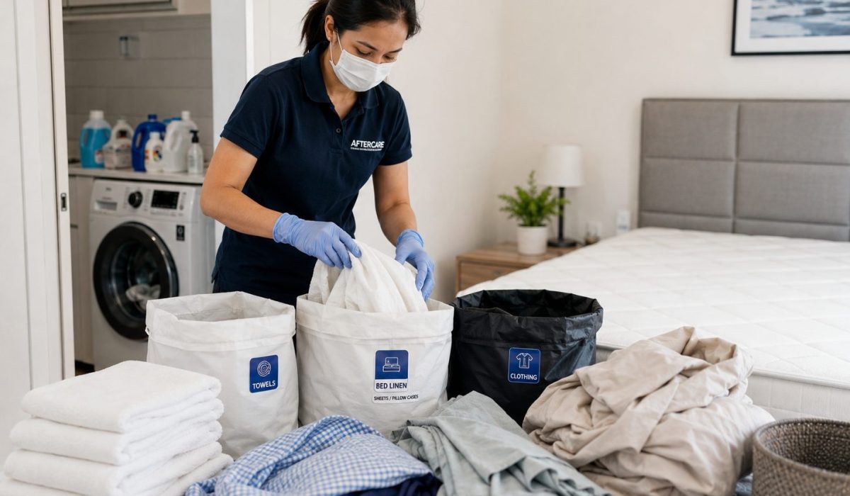 Professionnelle équipée de gants et d’un masque triant des textiles après un nettoyage après décès dans une chambre propre