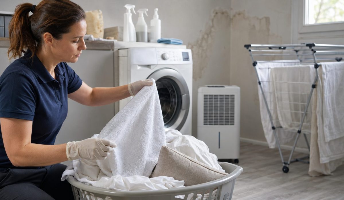 Nettoyage de textiles après une désinfection après sinistre dans une buanderie avec linge, machine à laver et déshumidificateur