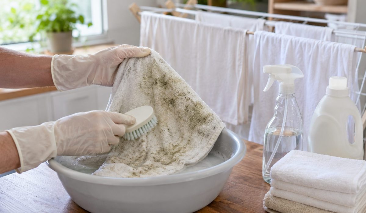 Personne avec des gants nettoyant une serviette tachée de moisissure dans une bassine avec une brosse et des produits de lavage.