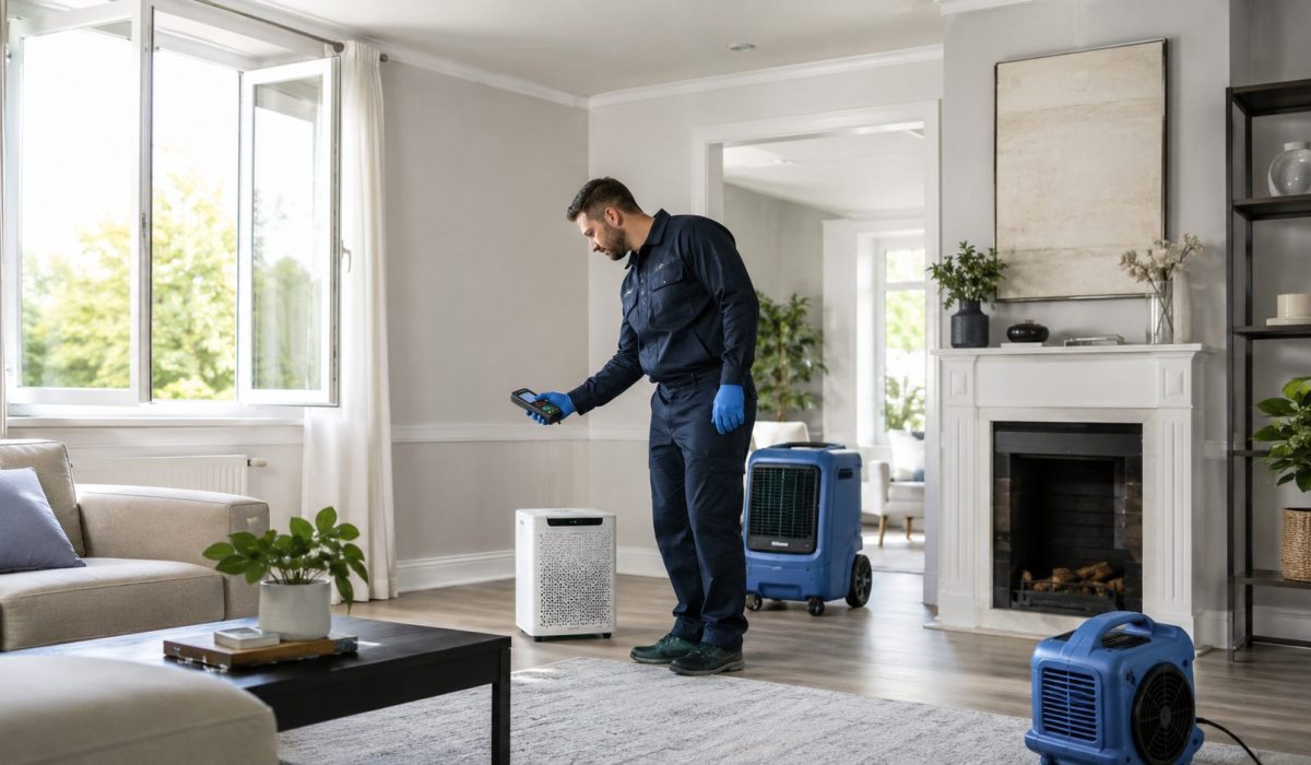 Technicien contrôlant la qualité de l’air dans un salon après une désinfection après sinistre pour éviter les odeurs persistantes