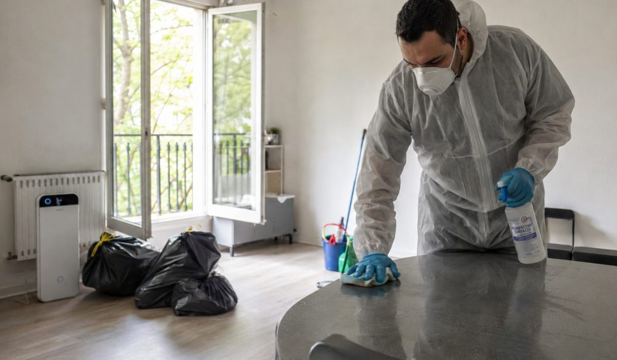 Professionnel du nettoyage désinfectant un logement aéré après un syndrome de Diogène pour éliminer les odeurs persistantes